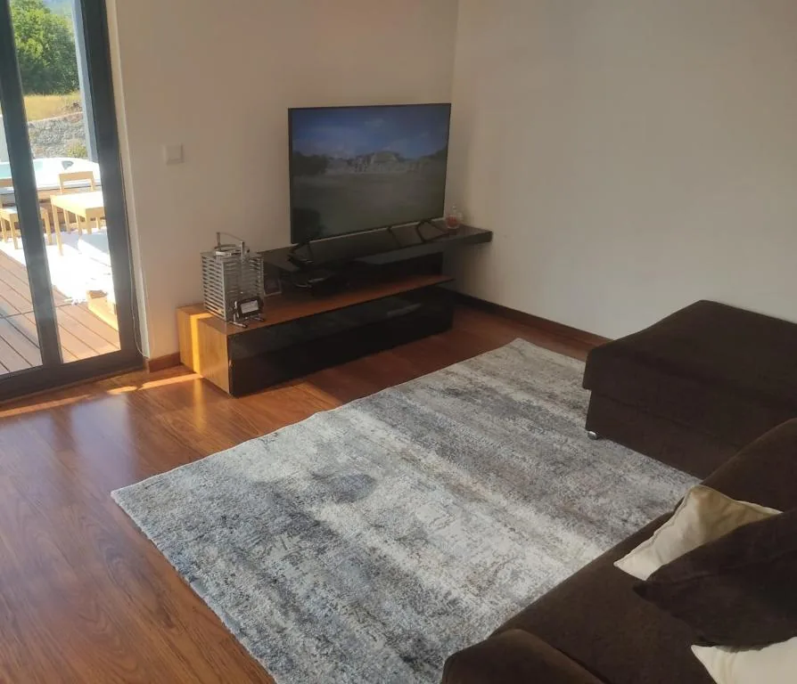Salon avec canapé et télévision, ouvert sur la terrasse par des baies vitrées